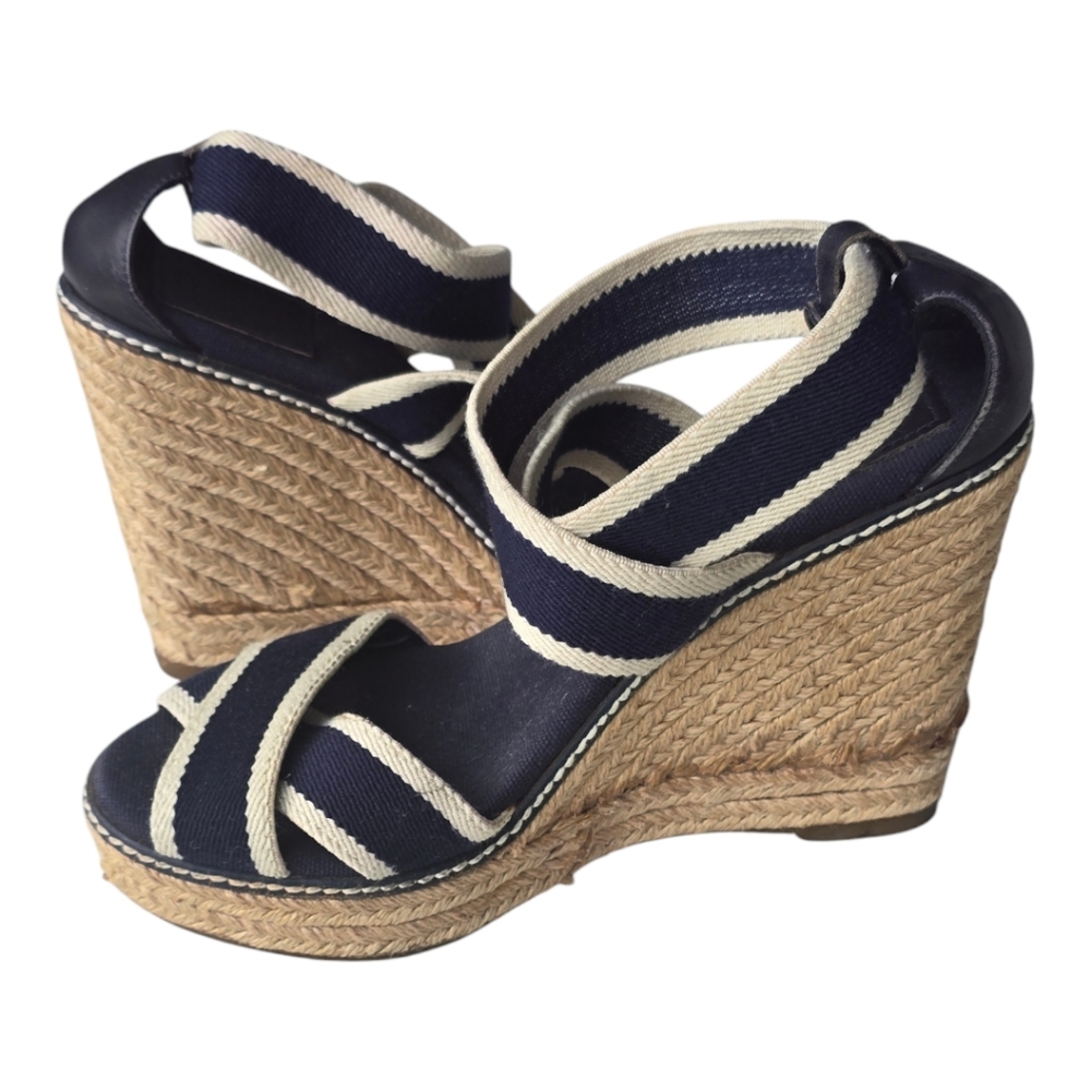 Tory Burch Navy and Cream Wedge Sandals